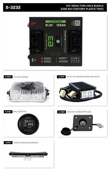 Eco Battery 51V 105Ah Thru Hole EZGO RXV (Factory Plastic Tray) Bundle